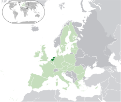 Location of �Netherlands��(dark green)–�on the European continent��(light green &�dark grey)–�in the European Union��(light green)� —� [Legend]