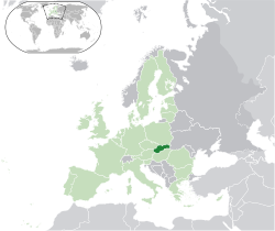 Location of �Slovakia��(green)–�on the European continent��(light green &�grey)–�in the European Union��(light green)� —� [Legend]