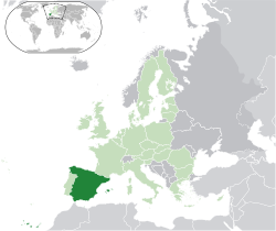 Location of �Spain��(dark green)–�on the European continent��(light green &�dark grey)–�in the European Union��(light green)� —� [Legend]