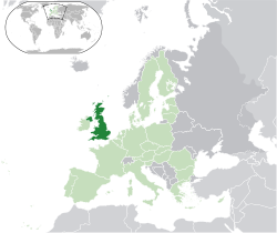 Two islands to the north west of continental Europe. Highlighted are the larger island and the north tip of the smaller island to the west.