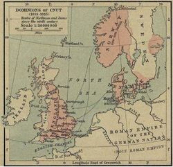 A map of north-western Europe in which Cnut's dominions are depicted in red; there is red over what is now England, Denmark and Norway, the Lothian and Borders region of modern Scotland, as well as a substantial amount of modern Sweden