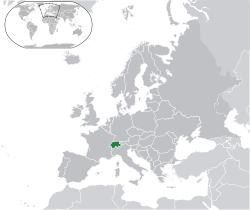 Location of �Switzerland��(dark green)on the European continent��(dark grey)� —� [Legend]