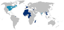 Map of the first (light blue) and second (dark blue — plain and hachured) French colonial empires.