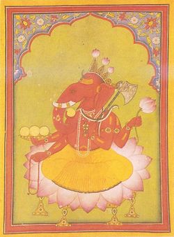 Attired in an orange dhoti, an elephant-headed man sits on a large lotus. His body is red in colour and he wears various golden necklaces and bracelets and a snake around his neck. On the three points of his crown, budding lotuses have been fixed. He holds in his two right hands the rosary (lower hand) and a cup filled with three modakas (round yellow sweets), a fourth modaka held by the curving trunk is just about to be tasted. In his two left hands, he holds a lotus above and an axe below, with its handle leaning against his shoulder.