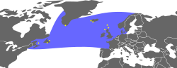 A map showing the range of the Great Auk, with the coasts of North America and Europe forming two boundaries, a line stretching from New England to northern Portugal the southern boundary, and the northern boundary wrapping around the southern shore of Greenland.