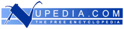 Logo reading "Nupedia.com the free encyclopedia" in blue with large initial "N."