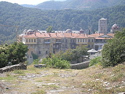 Iviron monastery lies near the site where according to tradition the Theotokos first landed on Athos