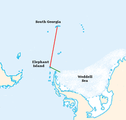  The James Caird journey is shown with relative locations of Antarctic continent, Elephant Island, South America and South Georgia