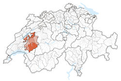 Map of Switzerland, location of Canton of Fribourg highlighted