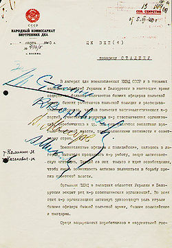 The front page of the Soviet document of decision, with blue writing scrawled across the left-center of the page, authorizing the mass execution of all Polish officers who were as the war prisoners in the Soviet Union