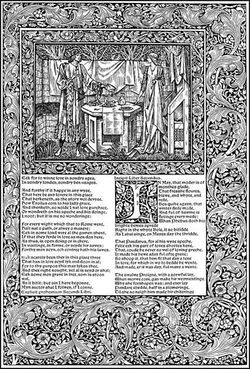 A printed page. A picture and some text and set asymmetrically in a wide band decorated with a leaf motif. The text shows the last few verses of Book I and the start of Book II of Troilus and Criseyde. The first letter of Book II is ornately decorated. Above the text, the picture is set in its own decorated border. It shows the tall slender figures of a man and a woman in long medieval clothing. Between them is a hexagonal table set with food and drink.