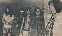 Five smiling men in a row, diagonal to camera angle. The man on the left (farthest to the back) has very long hair and a full beard; he wears a white T-shirt and tie-dyed pants. Next to him, Dave Davies, also with very long hair, wears reflective sunglasses, a black short-sleeved shirt, and jeans. In the middle, Mick Avory wears an unbuttoned leather vest and white pants. The man to his right wears a heavy, probably brown leather jacket with a design that is possibly Native American. On the far right, in front, Ray Davies wears a giant paisley kerchief knotted like a tie, over a white jacket.