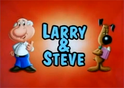 An elder white haired cartoon man with a white shirt and blue jeans next to a brown furred cartoon dog holding a book with a red background