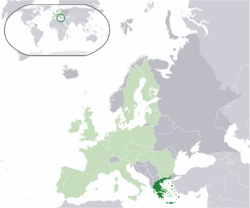 Location of �Greece��(green)–�on the European continent��(light green &�grey)–�in the European Union��(light green)� —� [Legend]