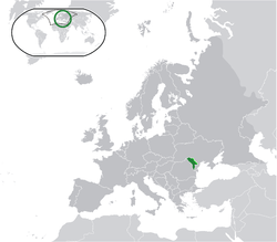 Location of Moldova (green) on the European continent (green + dark grey)