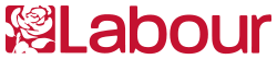 Red on white word "Labour" in sans-serif font to the right of white on red silhouette of a rose.