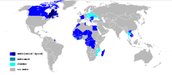 Members and participants of the Francophonie. In addition to countries, Belgian and Canadian subdivisional memberships are also represented.