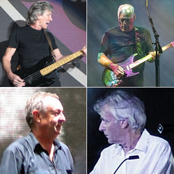 "A photo, divided into four frames, shows four men, each in a separate frame and standing alone. The frames are arranged two by two. All the men are in their older years, and have grey hair and weathered faces. The men in the top two frames are holding guitars (the top left an electric, the top right a bass), and are shown from the waist up. The men in the bottom two frames are shown from the chest/shoulders up, and appear to not be behind an instrument."