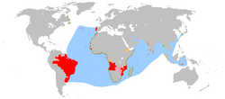 The Portuguese Empire and overseas interests. Red – actual possessions; Olive – exploration; Orange – areas of influence and trade; Pink – claims of sovereignty; Green – trading posts; Blue – main sea explorations, routes and areas of influence.