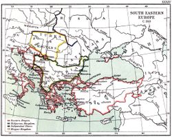 Map of southeastern Europe, showing Bulgaria controlling most of the northern Balkans and Byzantium holding the south and the peripheral coasts, with the lands of the Magyars and the Pechenegs to the north beyond the Danube