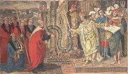 A crowned man hands a scroll to a tonsured man. The crowned man is standing on the steps of a building, surrounded by other men. The man receiving the scroll stands in front of the building, also surrounded by other men.