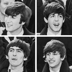 A square quartered into four head shots of young men with moptop haircuts. Clockwise from top left, one smiles jauntily towards his right, one faces forward excitedly with an opened mouth, one smiles with his left eye half closed as if blinking, and one looks up with his tongue stuck out slightly as if licking his lips. All four wear white shirts and dark coats.