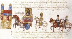 Medieval manuscript showing a procession of a carriage surmounted by an icon, followed by a crowned man on a white horse and two other horsemen