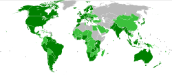 A world map showing most of the countries highlighted in either green or light green except for Russia, Alaska and some countries in North Africa.