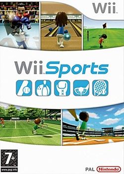 Artwork of a vertical rectangular box. The top third displays three screen shots from the game: two characters with boxing gloves fighting in a boxing ring, a character holding a bowling ball at a bowling alley, and a character holding a golf club at the putting green of a golf course. The Wii logo is shown at the upper right corner. The center portion reads "Wii Sports" over five blue boxes depicting different sports equipment. The lower third displays two more screen shots from the game: a character holding a tennis racket at a tennis court and a character swinging a baseball bat in a stadium. The PEGI "7+" rating is shown on the bottom left corner and the Nintendo logo is on the bottom right corner.