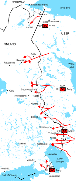 Diagram of Soviet assaults illustrating the positions of the Soviet armies and their offensive routes. The Red Army invaded dozens of kilometers deep Finland during the first month of the war.