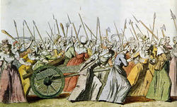 An engraving showing women armed with pikes and other weapons marching.