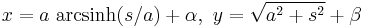 x = a\ \operatorname{arcsinh}(s/a) + \alpha,\ y = \sqrt{a^2+s^2} + \beta