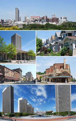 A medley of different scenes to represent the diversity of the city. At top is a photo of the city's skyline, juxtaposing modern towers from the 1970s with older buildings dating back to the 19th century. Above center, right shows cookie-cutter, single-family houses, all two-stories with porches. Below center, right shows the marquee of a buff- and red-brick theater; marquee reads "PALACE". Bottom is a panoramic view of an open courtyard split by reflecting pools and surrounded by four modern, glass and concrete towers on left and one taller tower on right; in center is a Romanesque, granite, five-story capitol building. Below center, left shows a city street populated with old brick buildings. Above center, left shows a modern, glass and concrete tower surrounded by a shorter building of the same style.