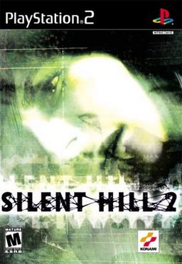 A video game cover. At the top is the PlayStation 2 logo, followed by a distorted, green-tinted close-up of the side of a man's face above the Silent Hill 2 logo. At the bottom is the Entertainment Software Rating Board's rating of the game as Mature, and Konami's logo.