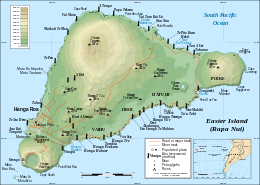 Easter Island map showing Terevaka, Poike, Rano Kau, Motu Nui, Orongo, and Mataveri; major ahus are marked with moai