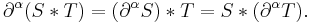 \partial^\alpha(S*T)=(\partial^\alpha S)*T=S*(\partial^\alpha T).