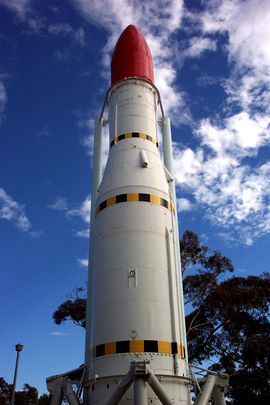 A mockup of the Black Arrow in the rocket park at Woomera.