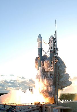 A Delta II rocket launches from Cape Canaveral carrying the Dawn spacecraft.