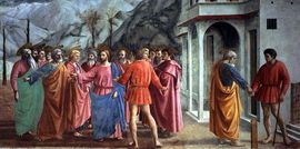  Fresco. Jesus' dsiciples question him anxiously. Jesus gestures for St Peter to go to the lake. At right, Peter gives a coin, found in the fish, to a tax-collector