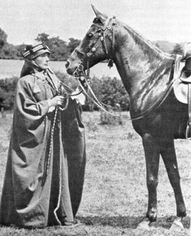 A black and white photograph of a European woman dressed in beduoin robes and head covering standing in front of a dark horse equipped with a bridle and saddle.