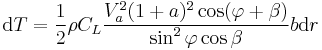 \mbox{d}T = \frac{1}{2}\rho C_L \frac{V_a^2(1+a)^2\cos(\varphi+\beta)}{\sin^2\varphi \cos\beta}b\mbox{d}r