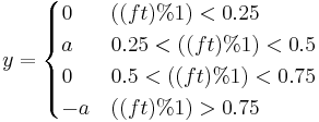 y=\begin{cases}0 & ((ft)�% 1) < 0.25 \\ a & 0.25 < ((ft)�% 1) < 0.5 \\ 0 & 0.5 < ((ft)�% 1) < 0.75 \\ -a & ((ft)�% 1) > 0.75 \end{cases}