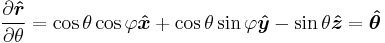 partial derivative of r-hat with respect to theta equals cosine of theta times cosine of phi in the x-hat direction plus cosine of theta times sine of phi in the y-hat direction minus sine of theta in the z-hat direction equals theta-hat