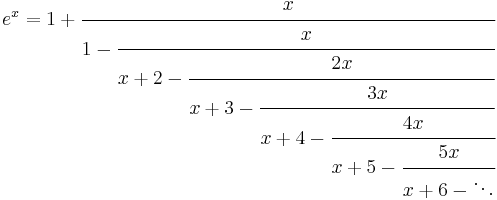 \,
\ e^x=1+\cfrac{x}{1-\cfrac{x}{x+2-\cfrac{2x}{x+3-\cfrac{3x}{x+4-\cfrac{4x}{x+5-\cfrac{5x}{x+6-\ddots}}}}}}
