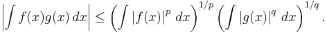 \left|\int f(x)g(x)\,dx\right| \leq
\left(\int \left|f(x)\right|^p\,dx \right)^{1/p} \left(\int\left|g(x)\right|^q\,dx\right)^{1/q}.