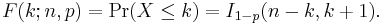 F(k;n,p) = \Pr(X \le k) = I_{1-p}(n-k, k+1). 