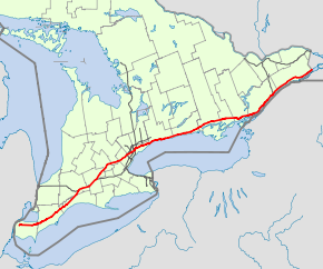 A map showing southern Ontario and the surrounding areas. The highways in Ontario are represented by dark lines, while Highway 401 is represented as a thick red line. It crosses from the lower-left tip of the province to the middle-right at the Quebec border.