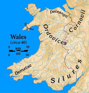 Map of Wales showing the names of Celtic British tribes in their territories