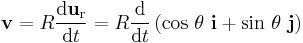 \mathbf{v} = R \frac {\mathrm{d} \mathbf{u}_\mathrm{r}}{\mathrm{d}t} = R \frac {\mathrm{d}}{\mathrm{d}t} \left( \mathrm{cos}\ \theta \ \mathbf{i} + \mathrm{sin}\ \theta \ \mathbf{j}\right)