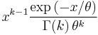 x^{k-1} \frac{\exp{\left(-x/\theta\right)}}{\Gamma(k)\,\theta^k}\,\!